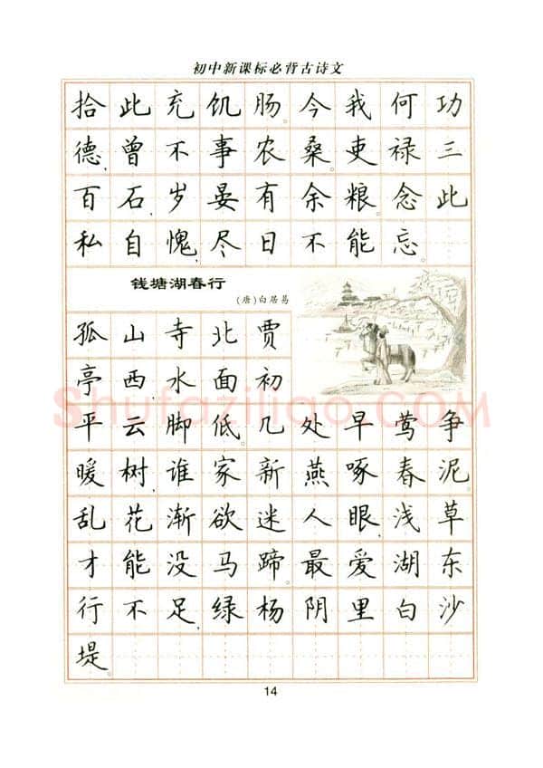 卢中南硬笔楷书字帖,摘自卢中南初中必背古诗文楷书字帖