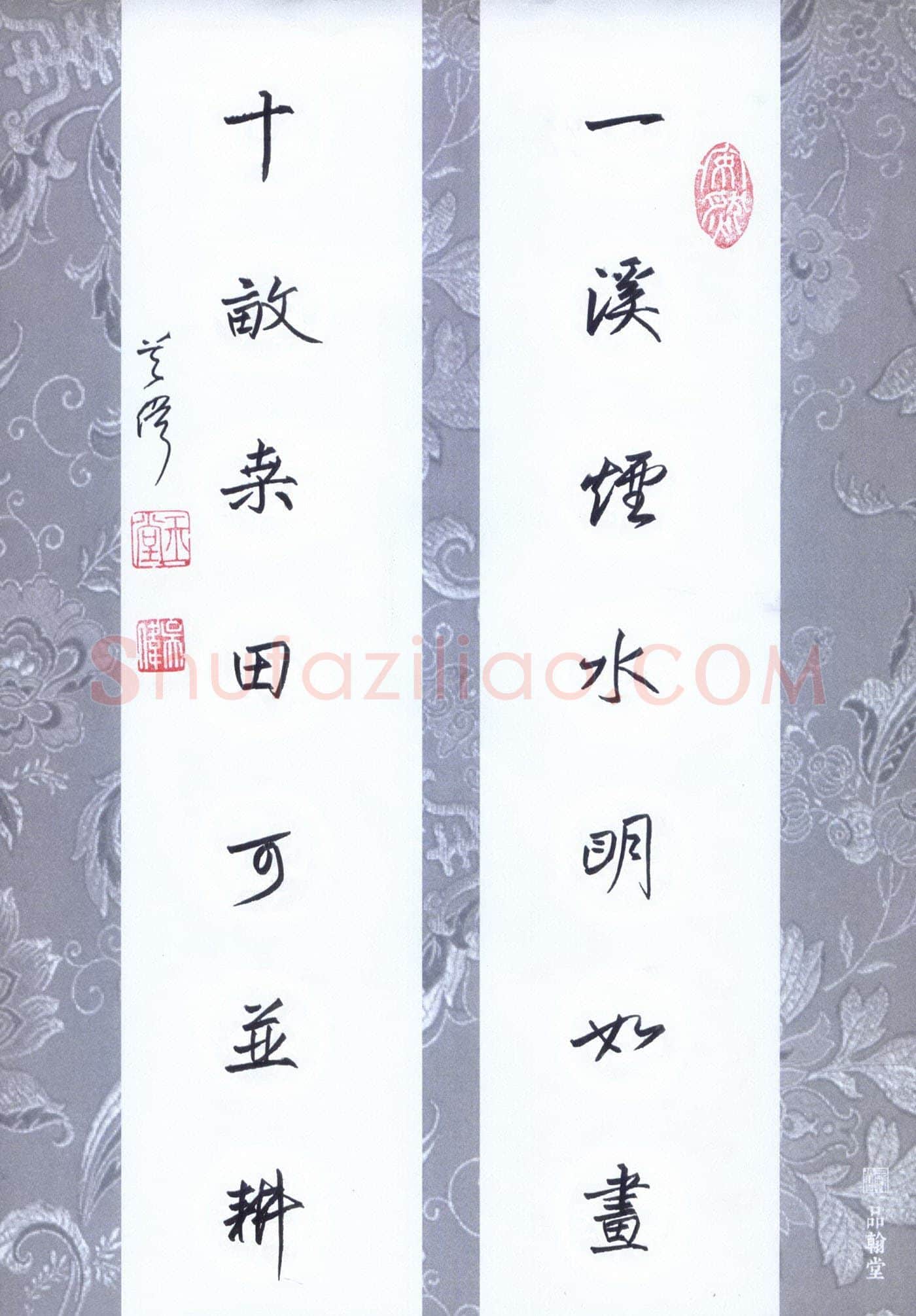 吴伟硬笔行书一溪十亩七言联,吴伟硬笔书法作品