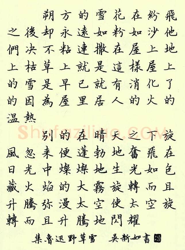 吴新如硬笔楷书集鲁迅野草雪,吴新如硬笔书法作品