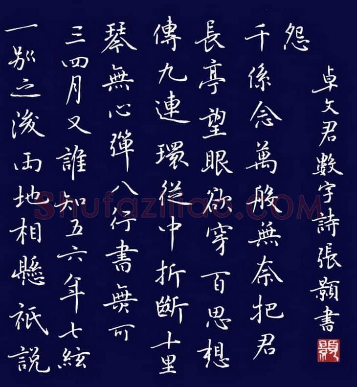 张颢硬笔楷书卓文君数字诗,张颢硬笔书法作品