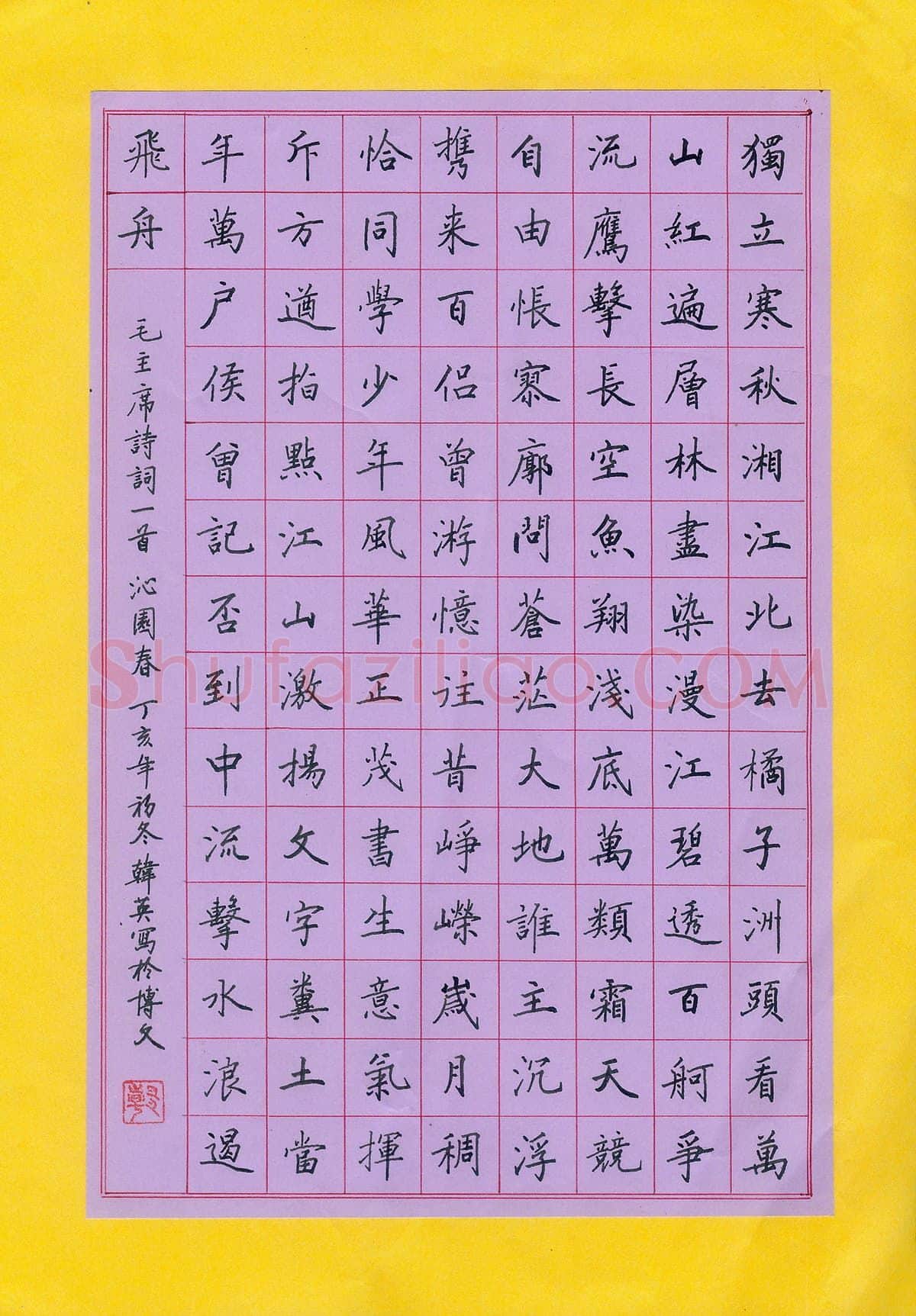 韩英硬笔楷书毛泽东词一首,硬笔书法作品