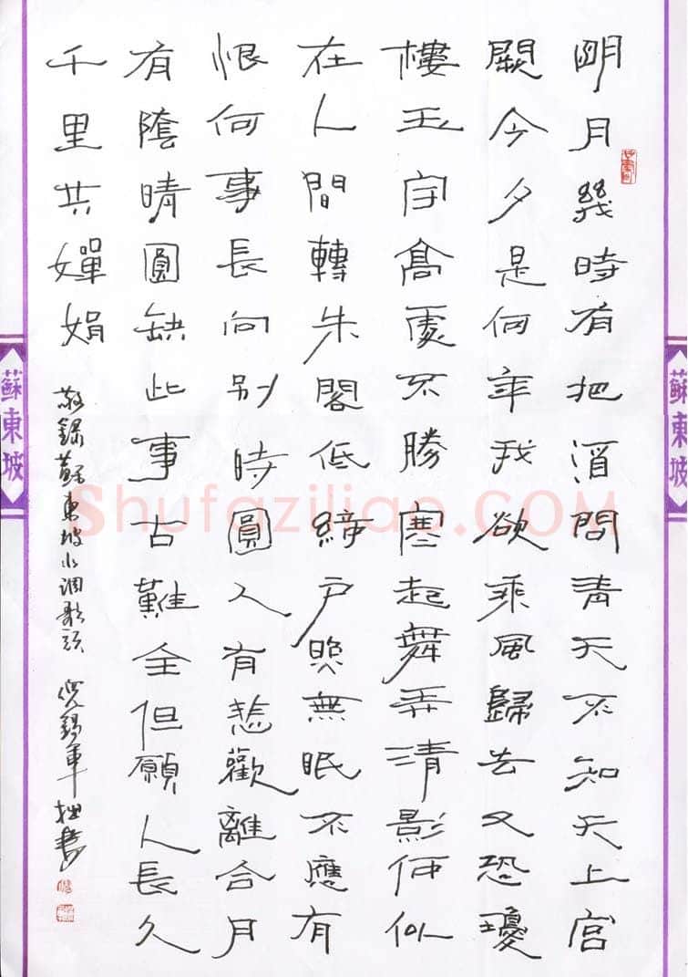倪锡军硬笔行书苏东坡水调歌头,倪锡军硬笔书法作品