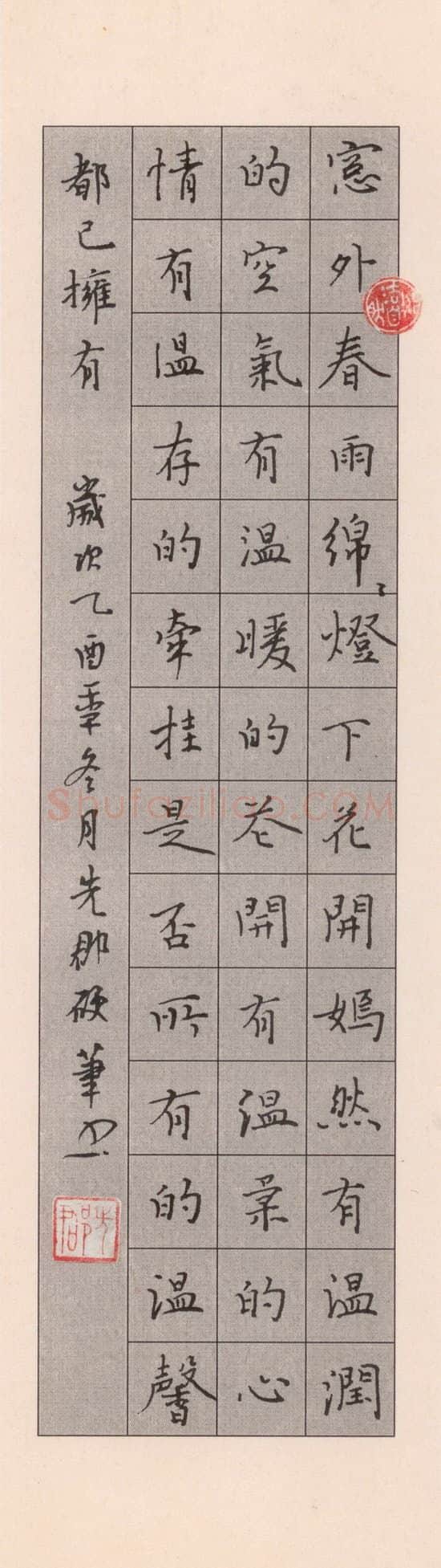 陈先郡硬笔楷书窗外春雨,硬笔书法作品