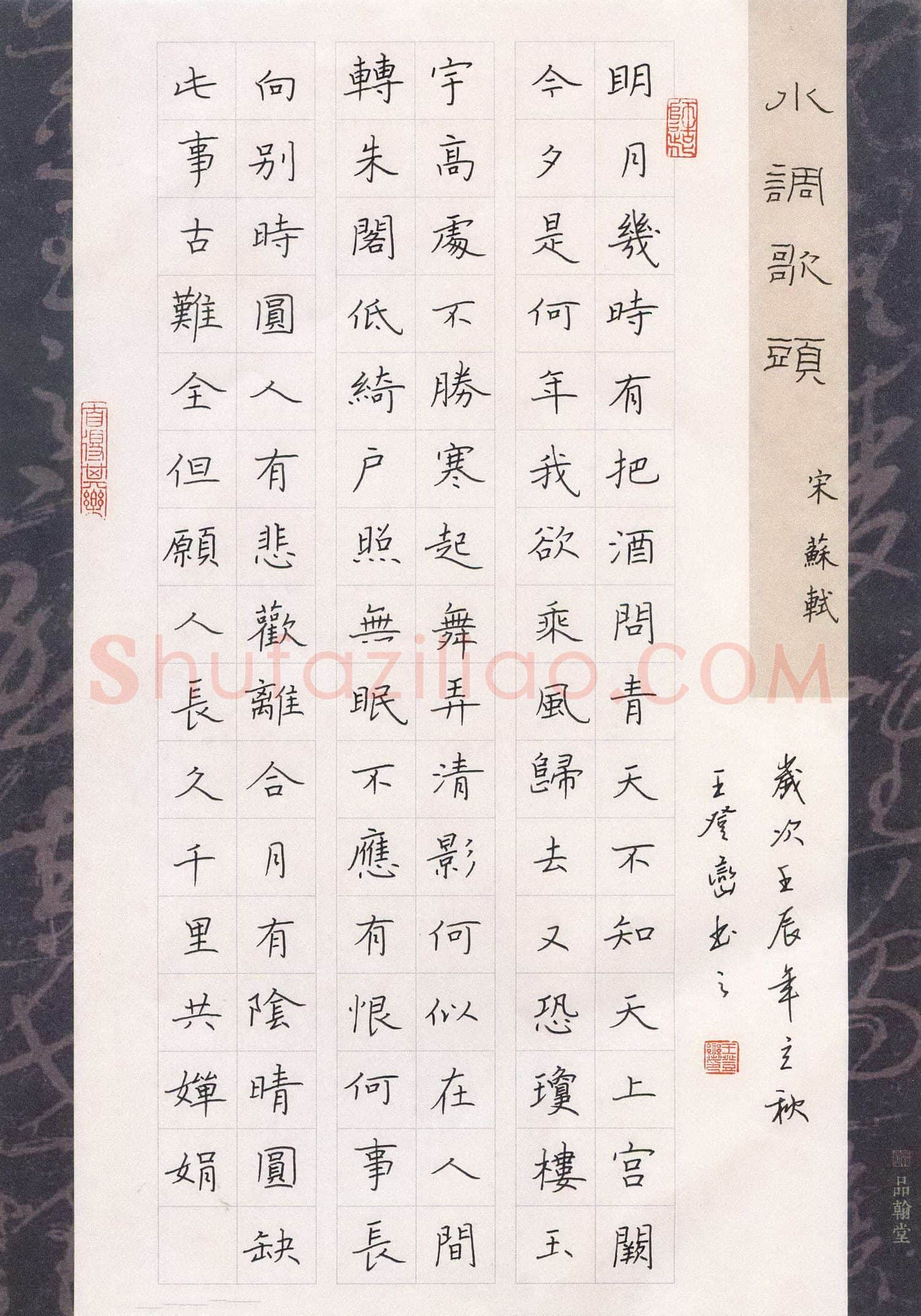 王登峦硬笔楷书苏轼词水调歌头,王登峦硬笔书法作品