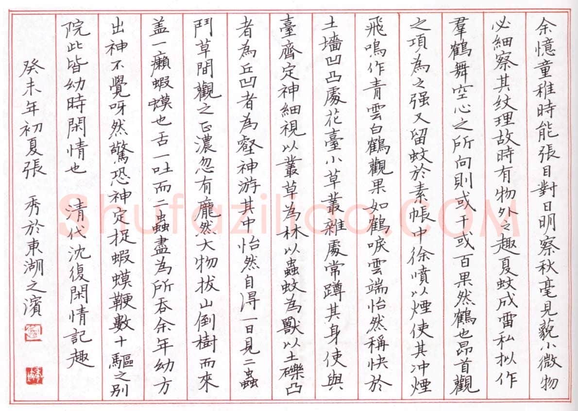 张秀硬笔楷书沈复闲情记趣,张秀硬笔书法作品