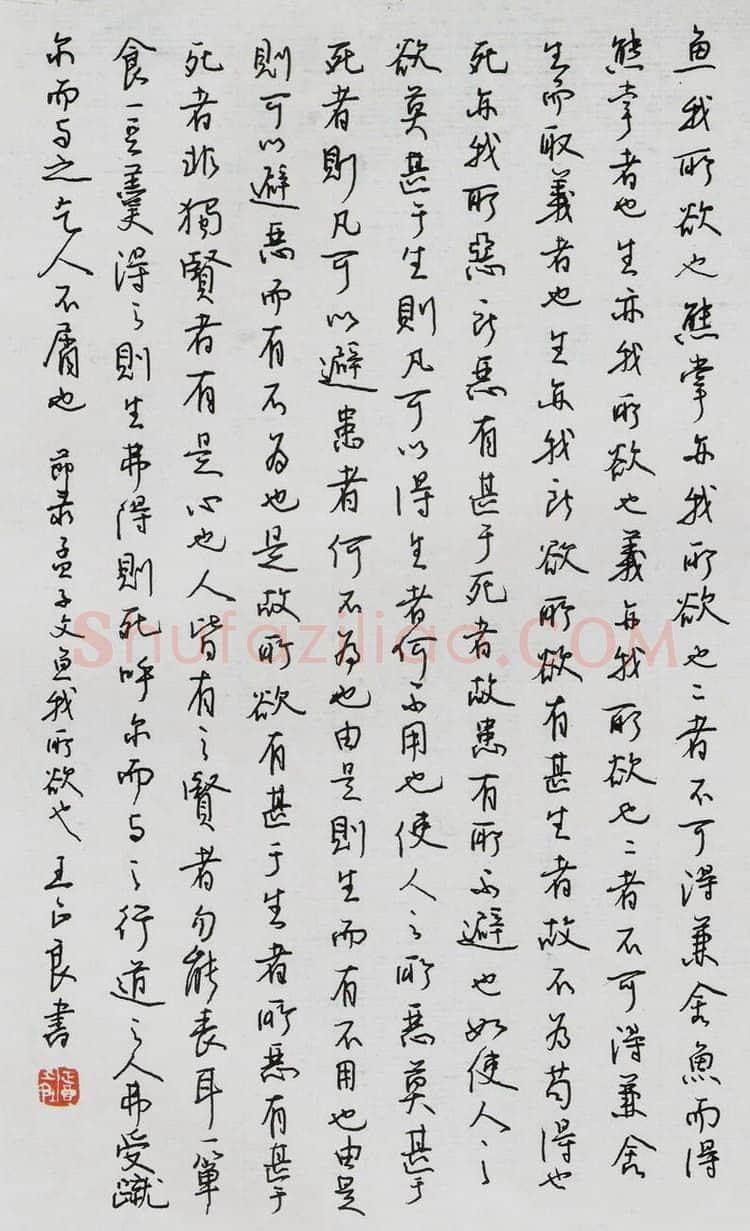 王正良硬笔行书节录孟子文鱼我所欲也,王正良硬笔书法作品