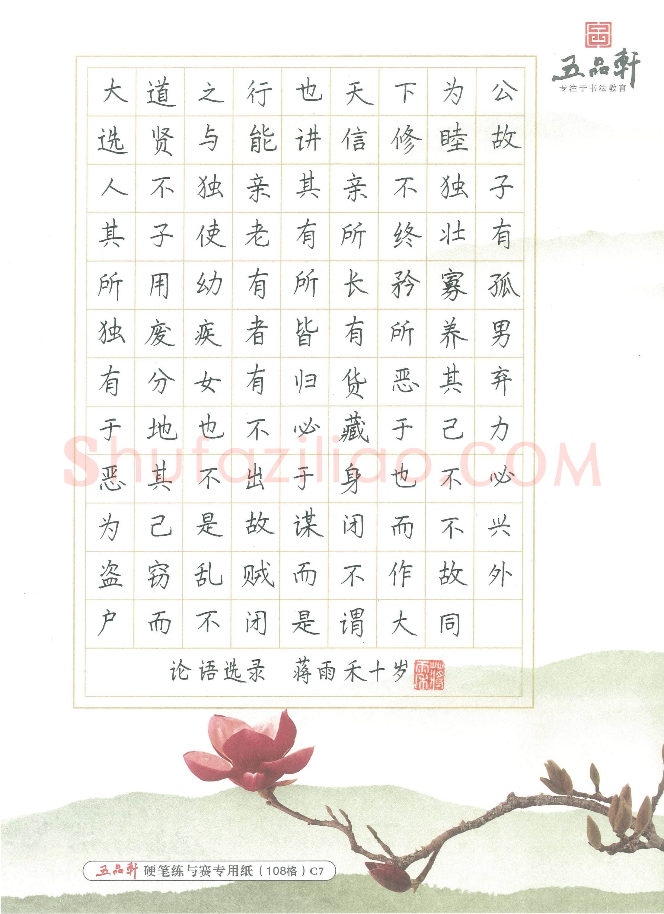 蒋雨禾(少儿组 10岁)硬笔书法大赛入围作品选登,蒋雨禾硬笔书法作品