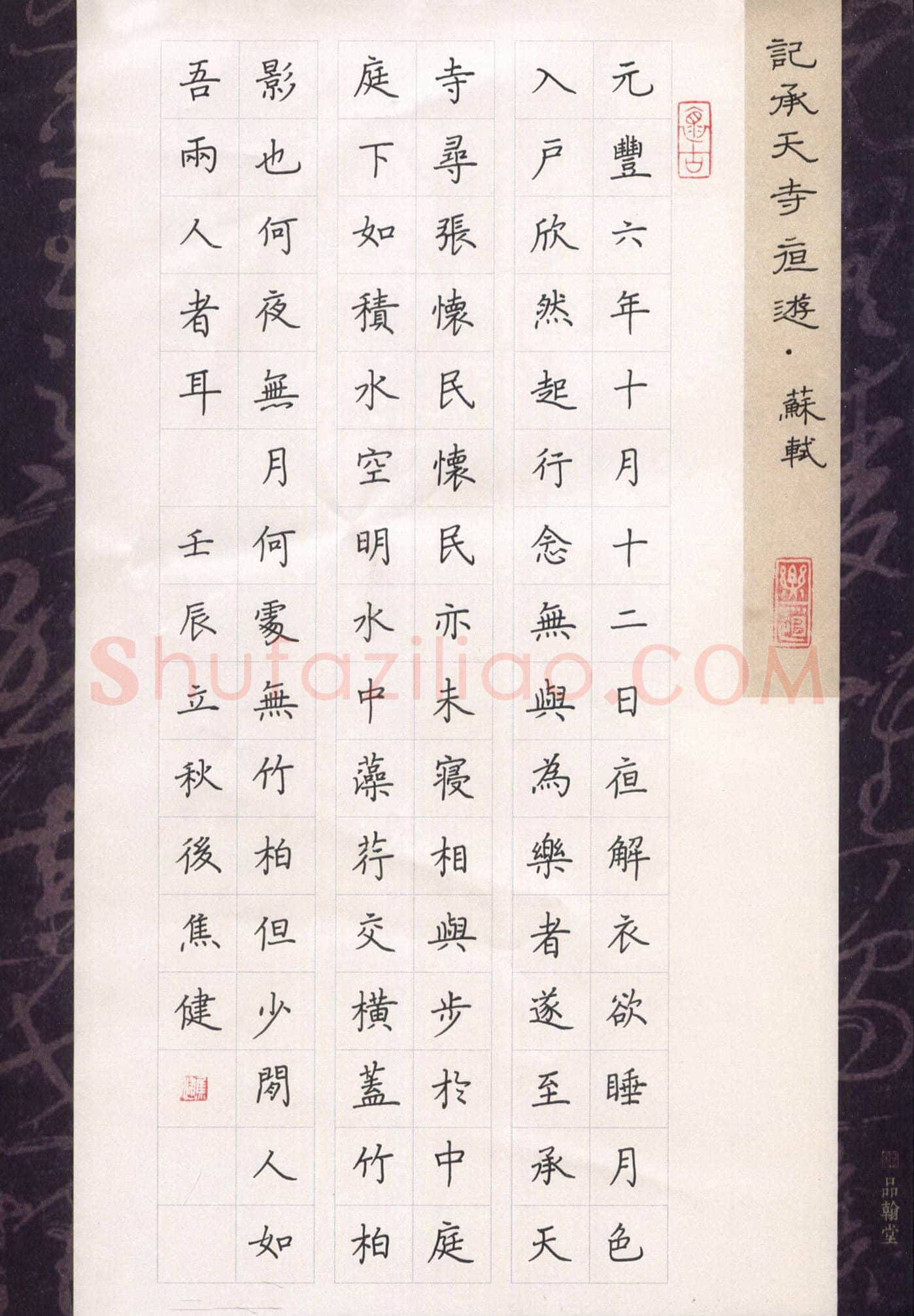 焦健硬笔楷书苏轼记承天寺夜游,硬笔书法作品